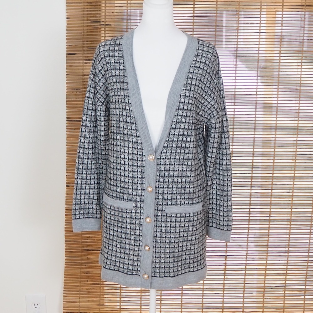 Talbots Pure Merino Wool‎ Long Cardigan Sweater Grey Black Pearl Button Medium